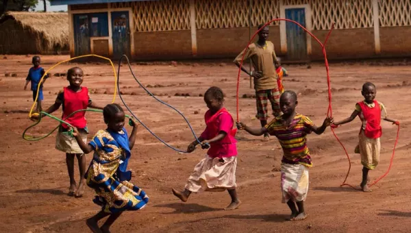 Children playing outside a War Child supported school in the Central African Republic.